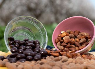 fruit and nuts in bowls