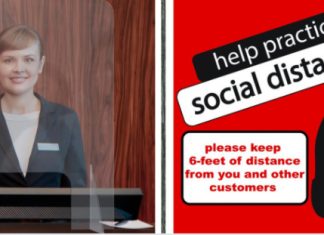 From grocery stores, pharmacies, hospitals and hotels, the custom safety shields and floor decals come in a variety of sizes to fit client needs