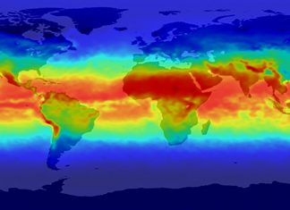 Ultraviolet-B radiation in April 2001 was most intense (bright red) in the tropics and least intense (blue) in polar regions