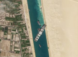 A satellite image shows the cargo ship Ever Given stuck in the Suez Canal.